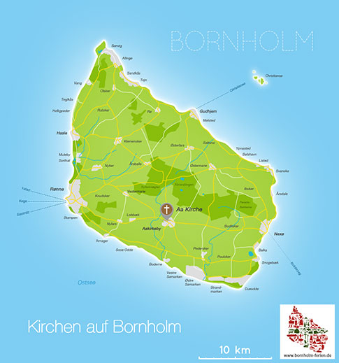 Karte/ Lage der Aa Kirke in Aakirkeby, Insel Bornholm, Daenemark