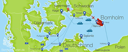 Infografik Anreise zur Insel Bornholm mit Faehre, Auto, Flugzeug