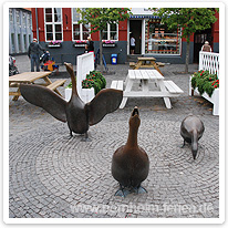 Gänseschar aus Bronze auf dem Marktplatz von Aakirkeby bornholm, aakirkeby