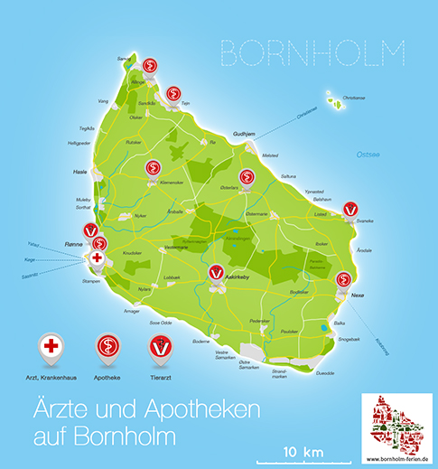 Übersichts-Karte der Aerzte und Apotheken, Insel Bornholm, Daenemark