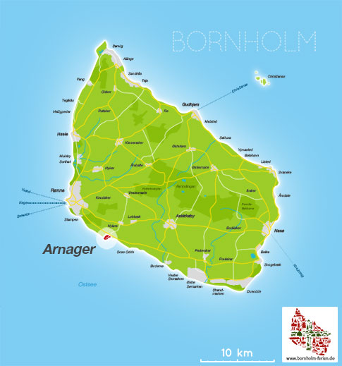 Karte von Arnager, Insel Bornholm, Daenemark