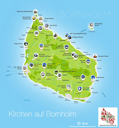 Karte, Kirchen auf der Insel Bornholm, Daenemark