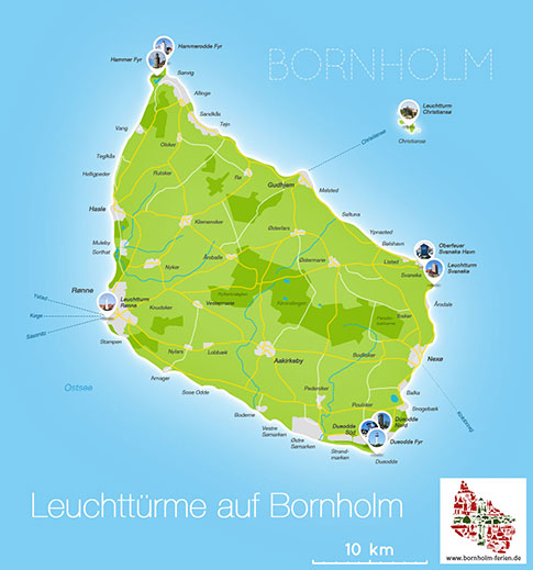 Karte/ Lage der Leuchttuerme auf Bornholm, Daenemark