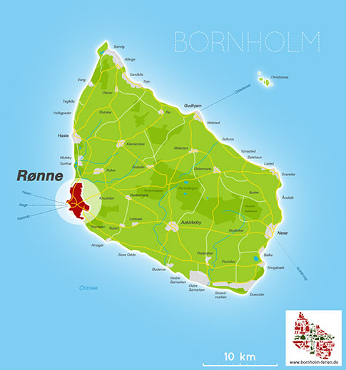 Karte/ Lage von Roenne, Insel Bornholm, Daenemark