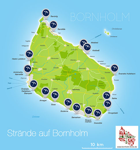 Karte/ Lage der Straende Insel Bornholm, Daenemark