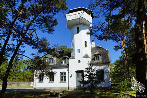 Der Leuchtturm Dueodde Sued steht versteckt im Kiefernwald, Insel Bornholm, Daenemark