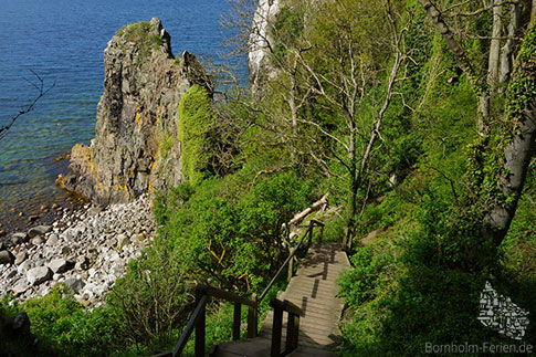 Die lange Treppe hinunter zur Klippe von Jons Kapel, Bornholm, Dänemark