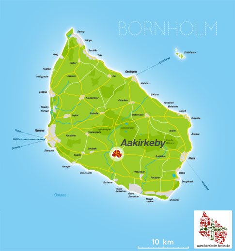 Karte/ Lage von Aakirkeby, Insel Bornholm, Daenemark