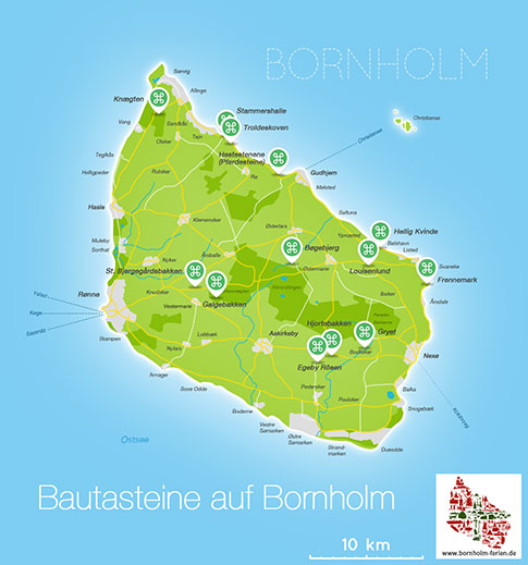Karte/ Lage der Bautasteine auf Bornholm, Daenemark