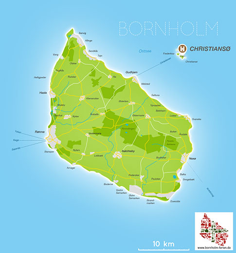 Karte Lage der Erbseninseln Christiansoe und Frederiksoe, Insel Bornholm, Daenemark