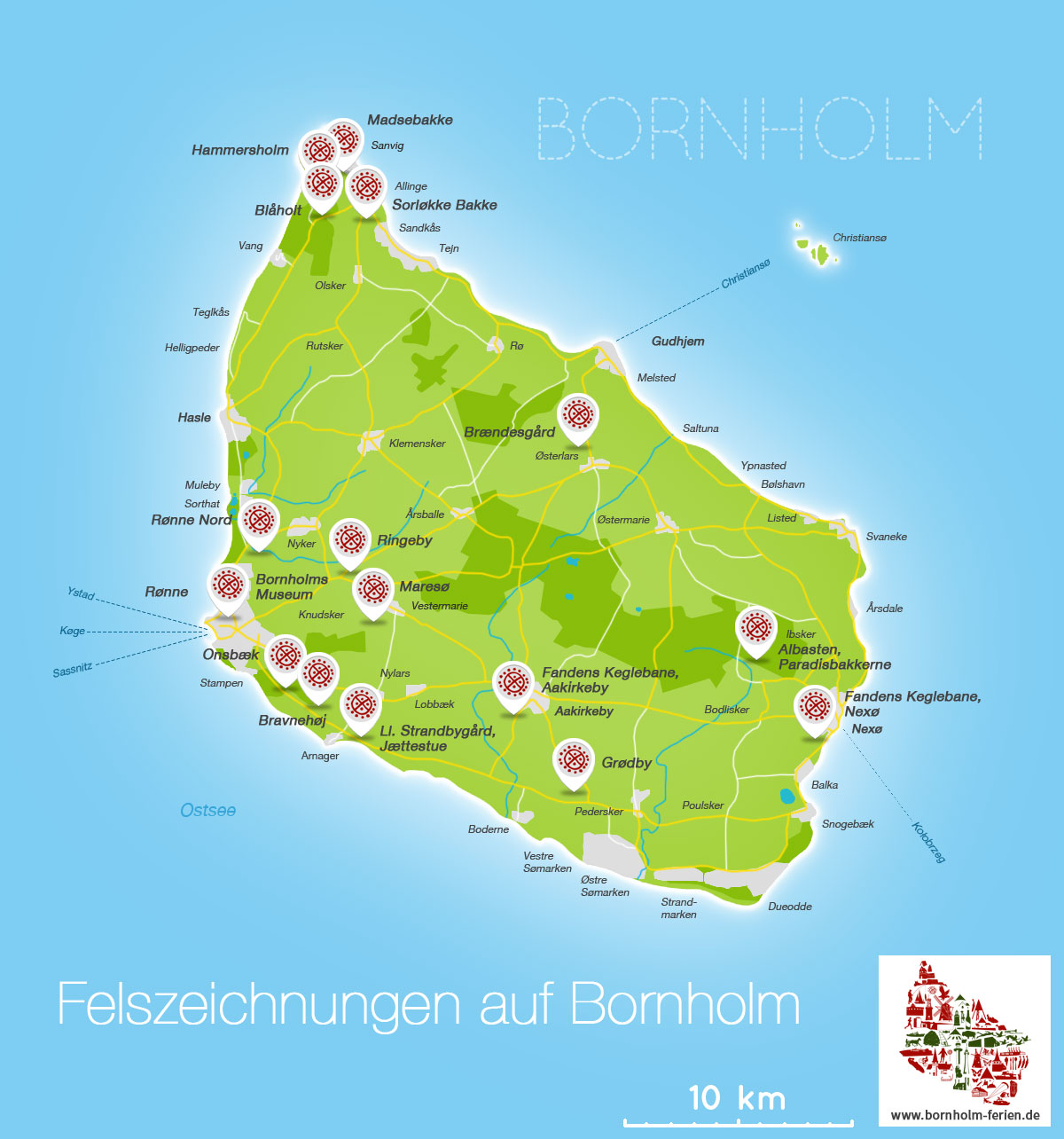 Übersichts-Karte der Felszeichnungen auf Bornholm