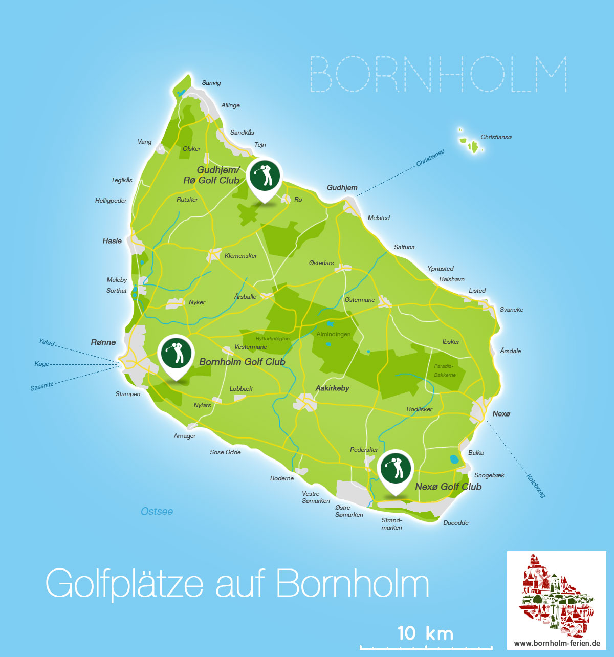 Übersichts-Karte der Golfplätze auf Bornholm