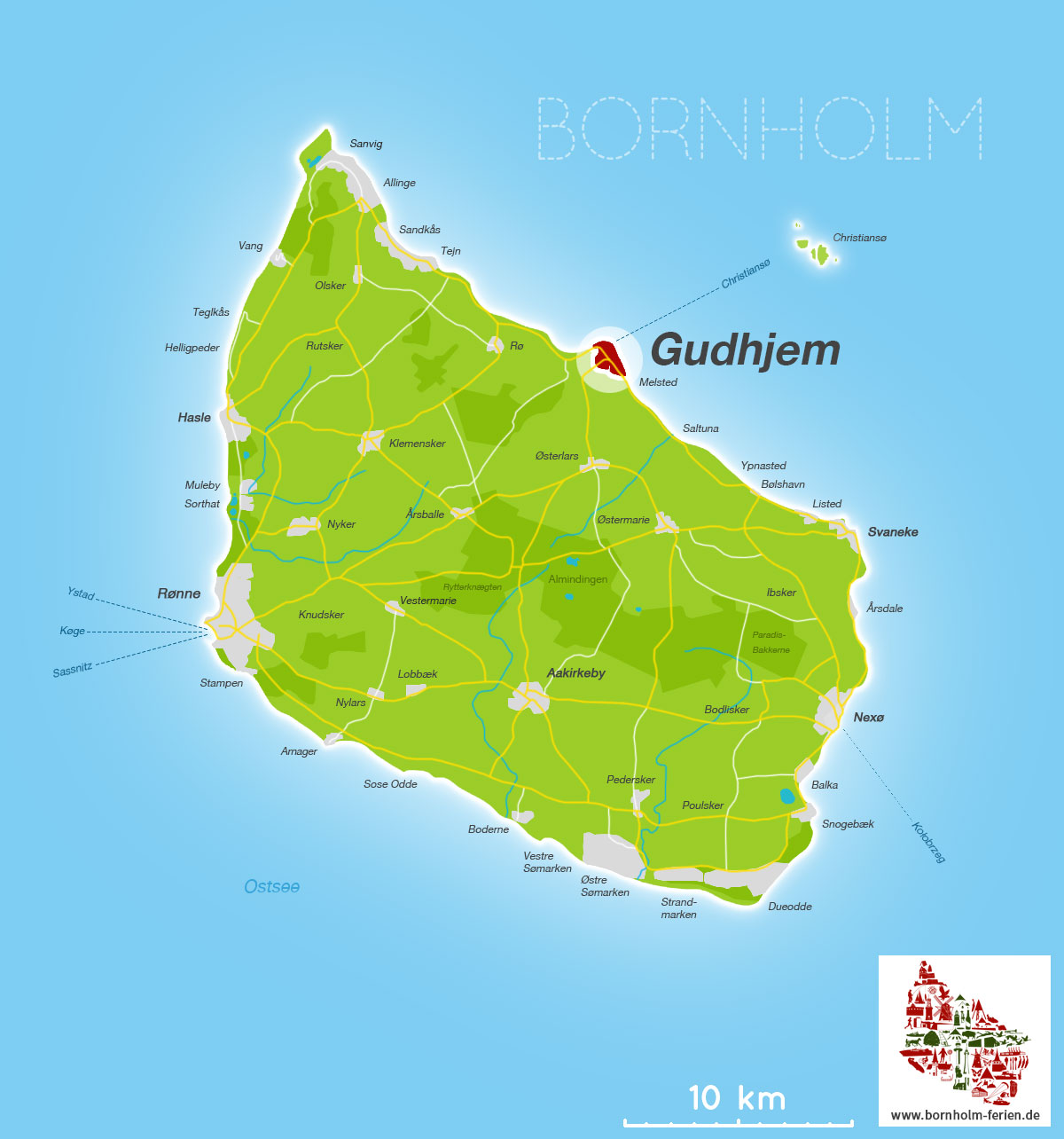 Karte/ Lage von Gudhjem, Insel Bornholm, Daenemark