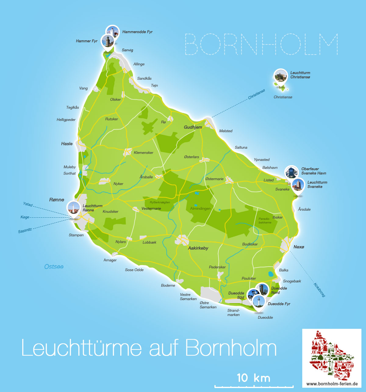 Übersichts-Karte der Leuchttürme auf Bornholm