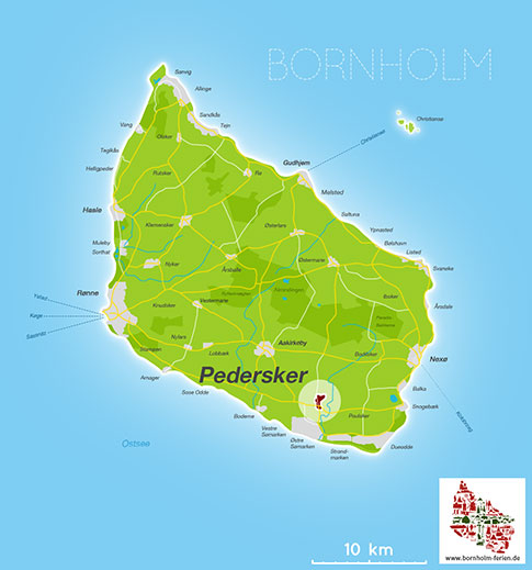 Karte von Pedersker, Insel Bornholm, Daenemark