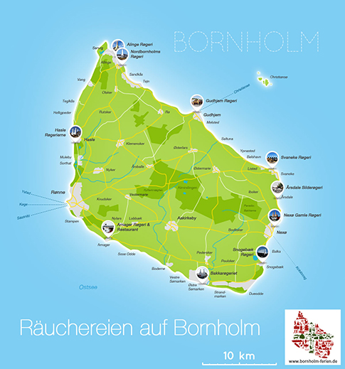 Karte/ Lage der Raeuchereien Insel Bornholm, Daenemark