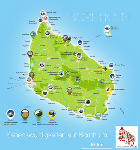 Karte, Sehenswuerdigkeiten, Insel Bornholm, Daenemark